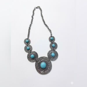 Faux Turquoise Boho Coastal Cowgirl Circle Tiered Necklace Festival Western